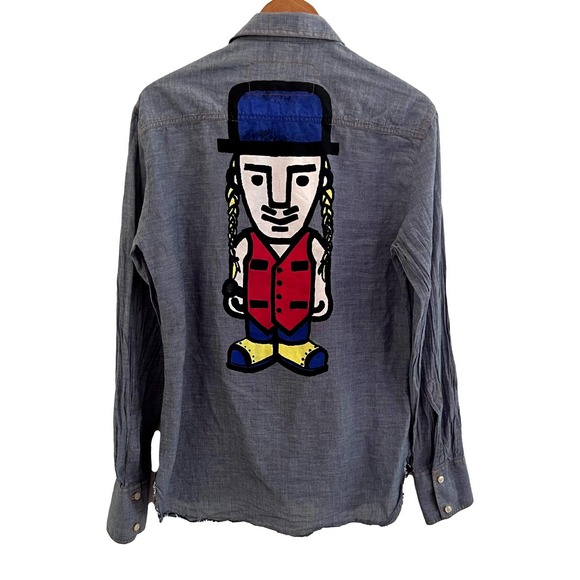 John Galliano Blue Chambray Button Down Shirt With Pop Art Hand Painted … - Picture 6 of 12